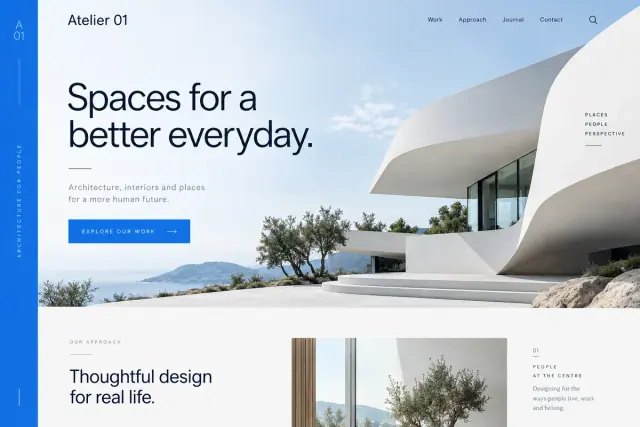 AI concept: Atelier 01 architecture website featuring a contemporary white building