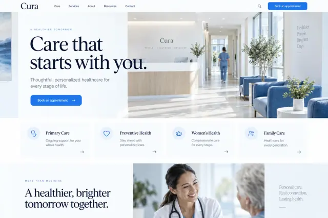 AI concept: Cura healthcare website with a bright clinic interior and a clear appointment journey
