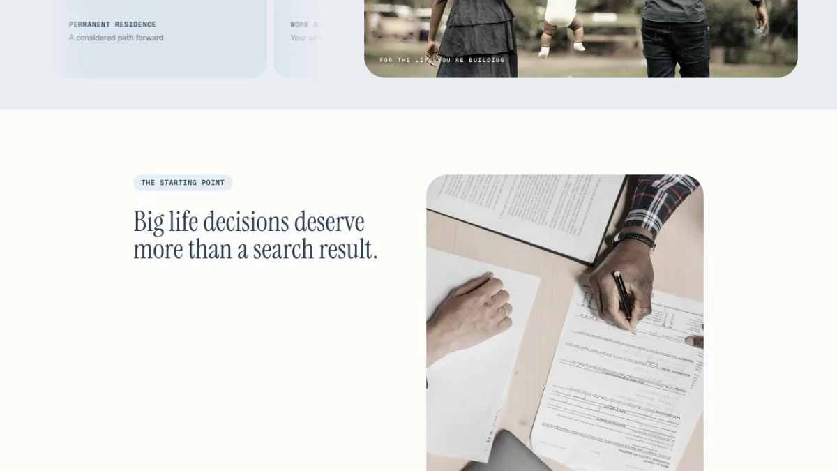 Silverline Immigration Law: Service and approach sections in the legal services concept.