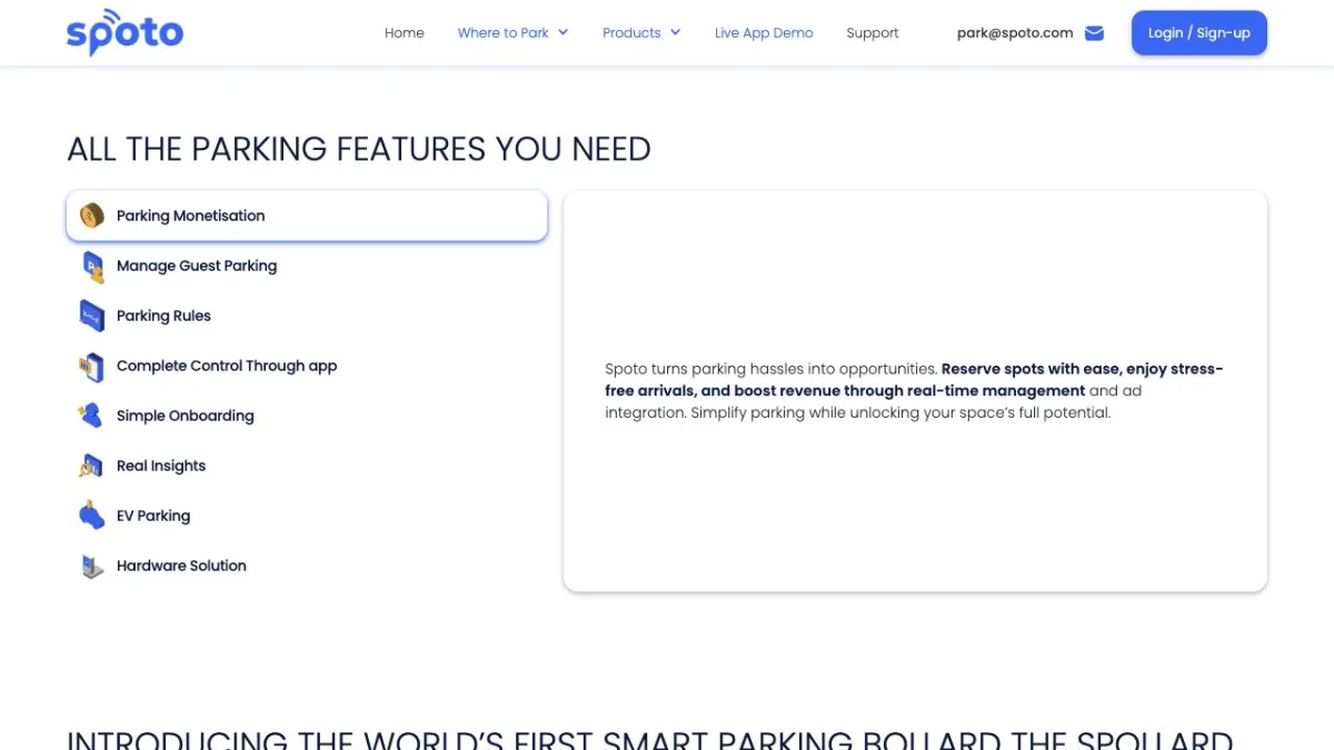 Spoto: Product and feature presentation for the smart parking platform.